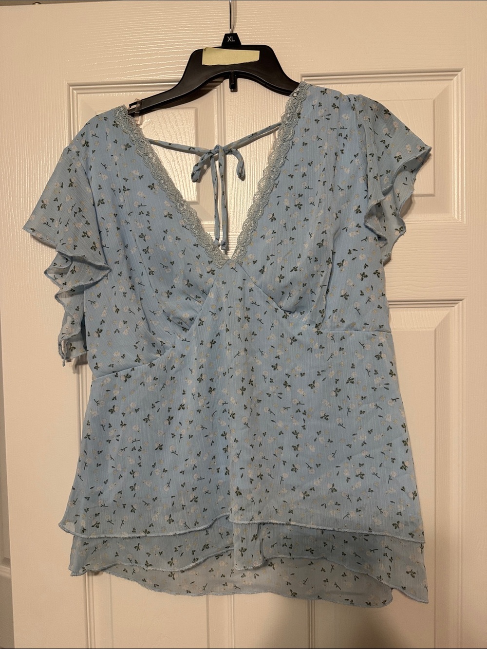 No Boundaries Light Blue Floral Wrap Blouse